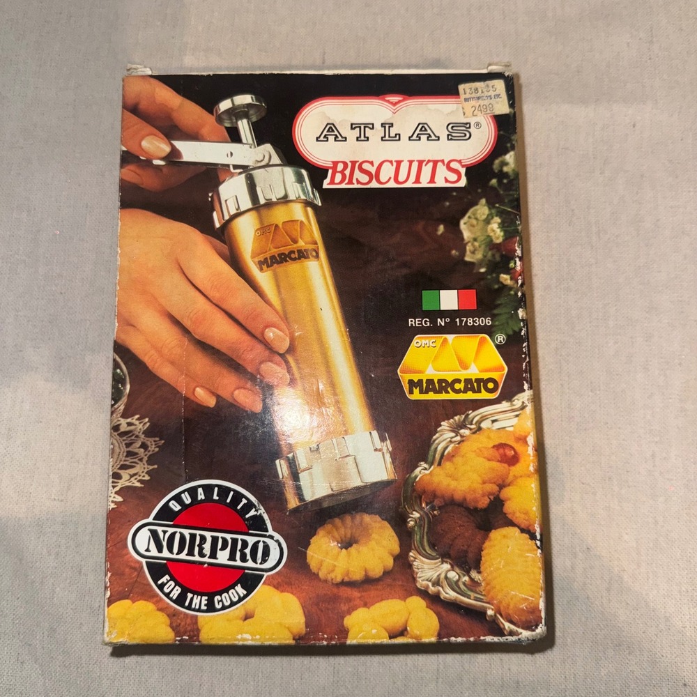 Vintage Marcato Atlas Biscuits Cookie Press Gold Made in Italy 20 Discs 4 Tips